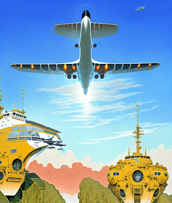 Airplane taking off over futuristic yellow ships with greenery and clouds.