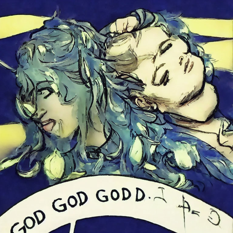 Illustration of two characters with stylized hair in front of "GOD GOD GOOD" text