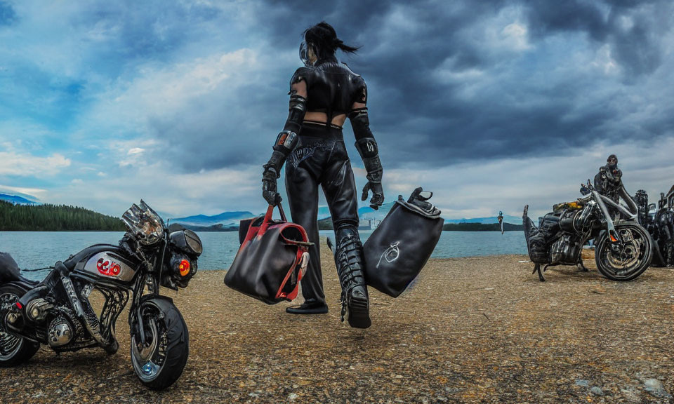 Person with two bags near custom motorcycles by lake under dramatic sky