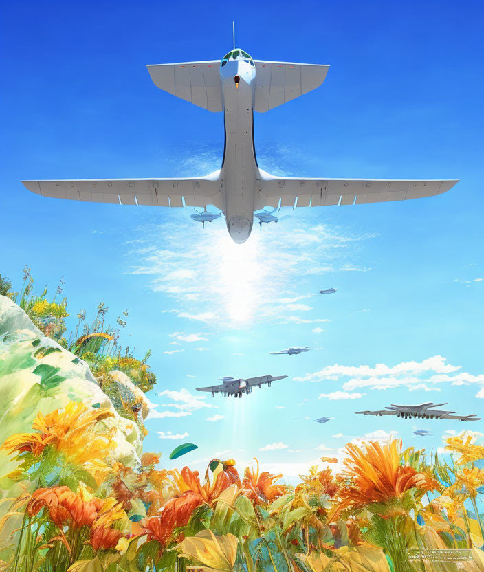 Colorful Aircraft Soaring Over Vibrant Flowers and Blue Sky