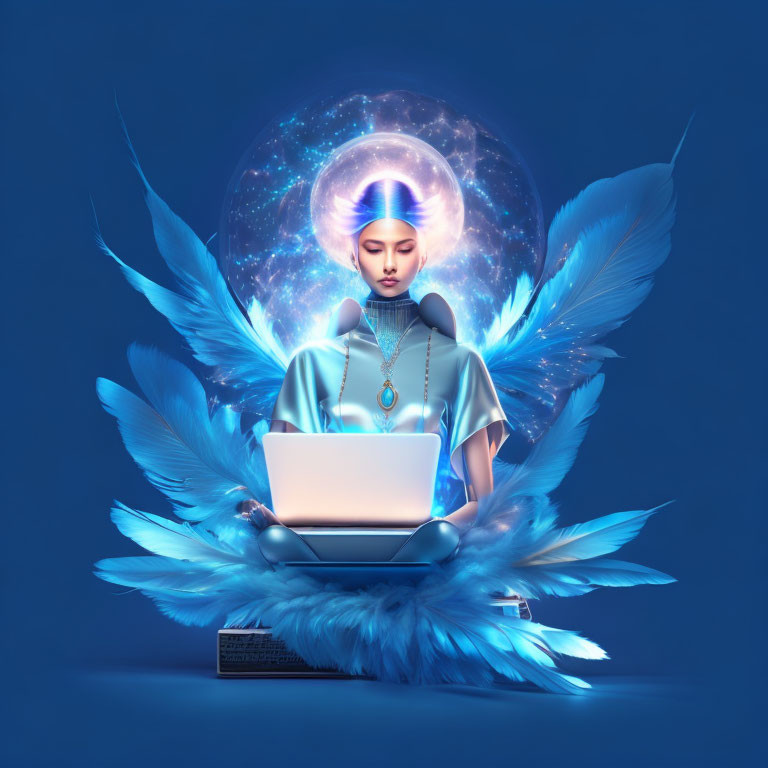 Futuristic female figure with glowing halo and galaxy backdrop typing on laptop