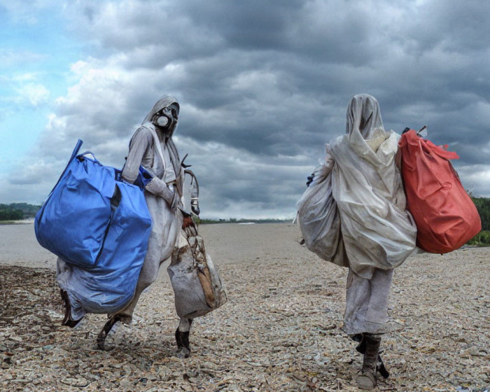 Two people with colorful bags walking by a pebbled riverbank under cloudy sky