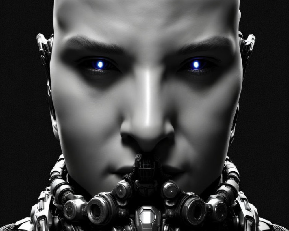 Detailed humanoid robot face with intense blue eyes on dark background.