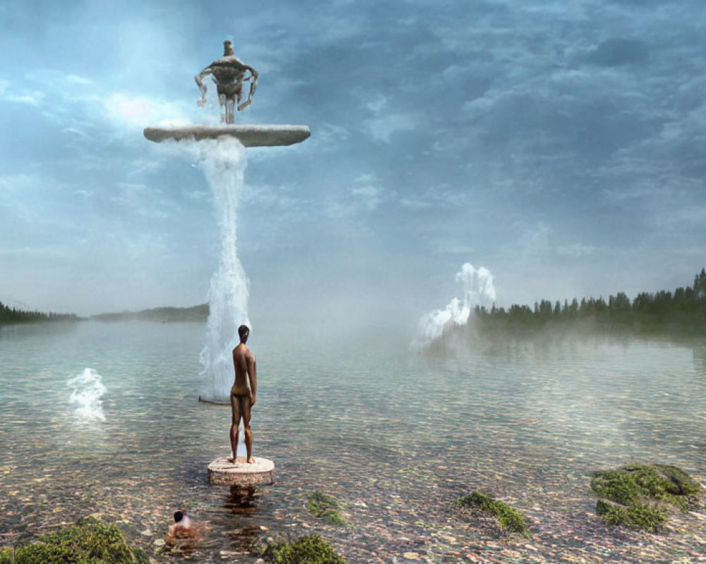 Person standing on fountain platform in surreal landscape with vast body of water