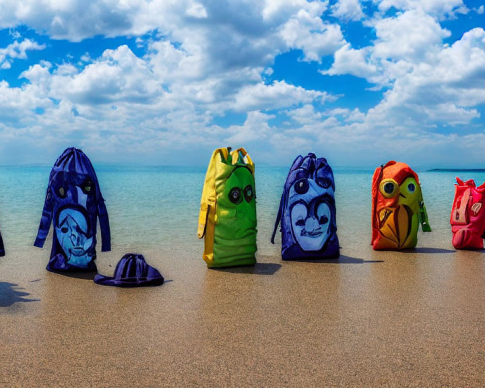 Vibrant Face Design Backpacks on Sandy Beach Skyline