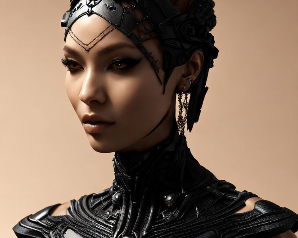 Elaborate Black Headpiece and Neck Armor on Person in Futuristic Setting