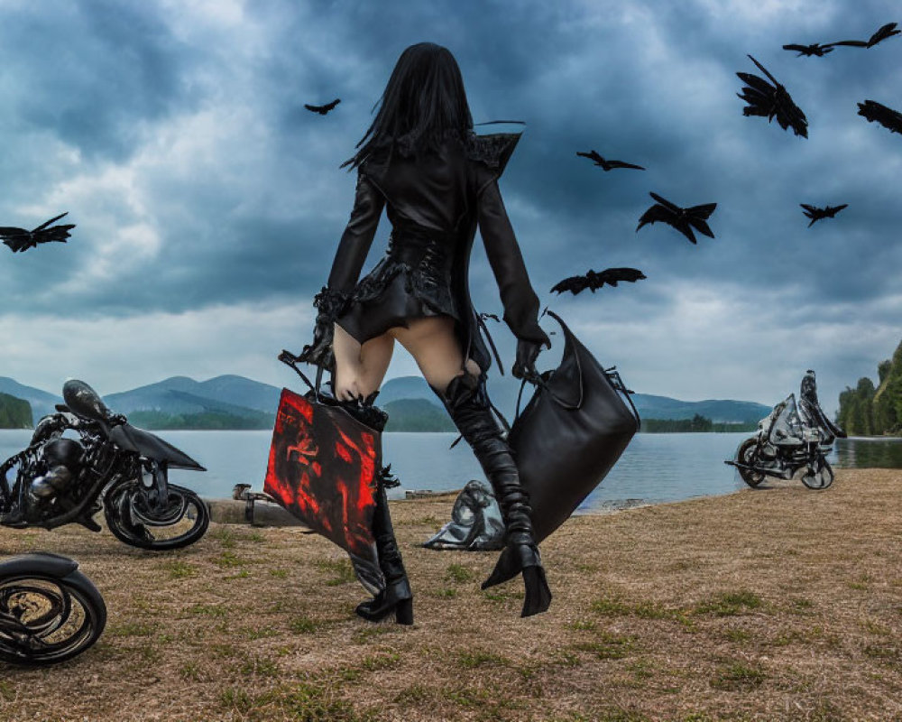 Person in Black Outfit Walking Between Motorcycles by Lake with Flying Crows