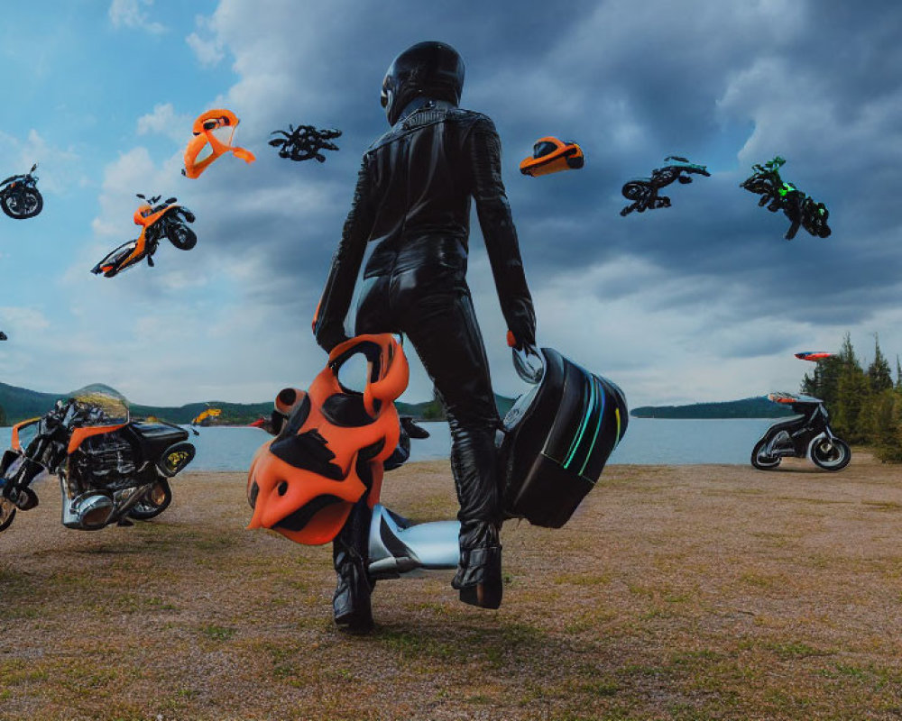 Person in Black Motorcycle Suit Surrounded by Levitating Motorcycles Outdoors