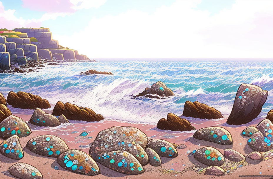 Colorful Beach Scene with Sparkling Rocks and Sunset Sky