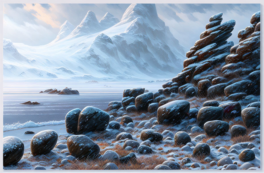 Snowy Landscape with Cairn, Boulders, Mountains, and Cloudy Sky