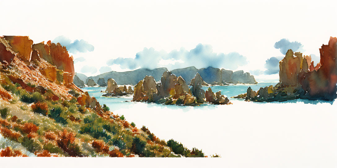 Rugged coastline watercolor painting with rocky formations and clear sky