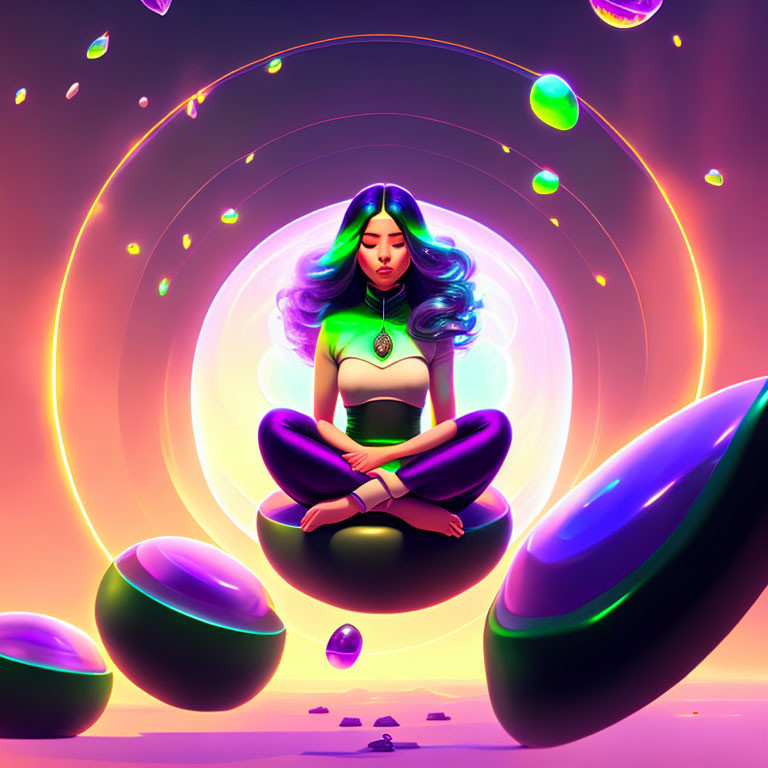 Woman meditating with floating orbs and stones in vibrant purple and orange palette