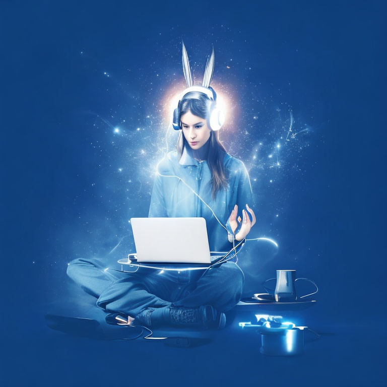 Woman with rabbit ears using laptop in futuristic setting