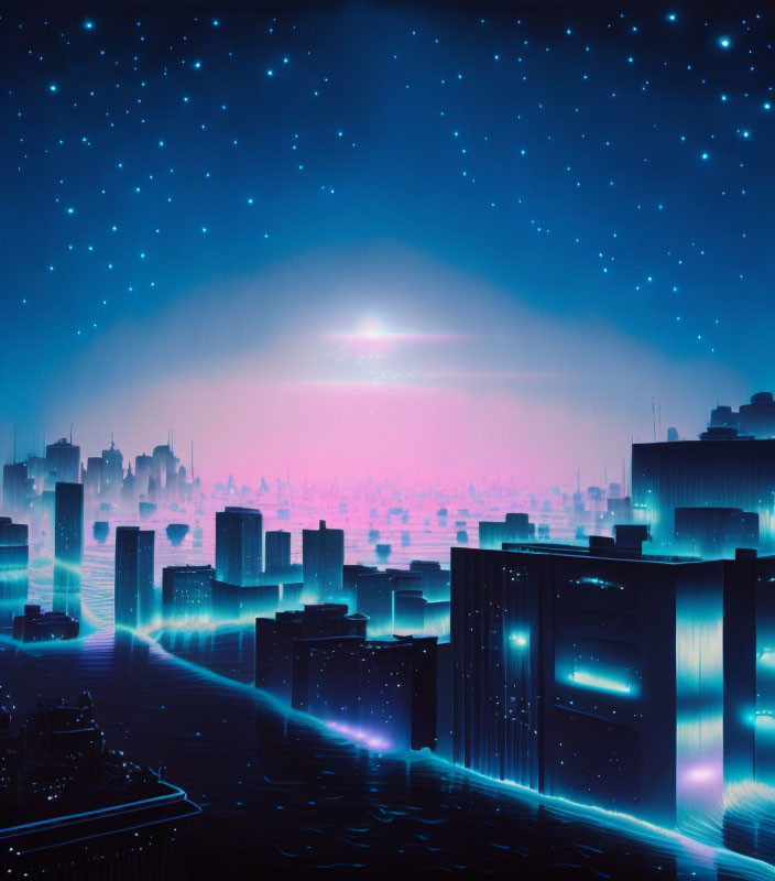 Futuristic cityscape with glowing neon lights and starry sky