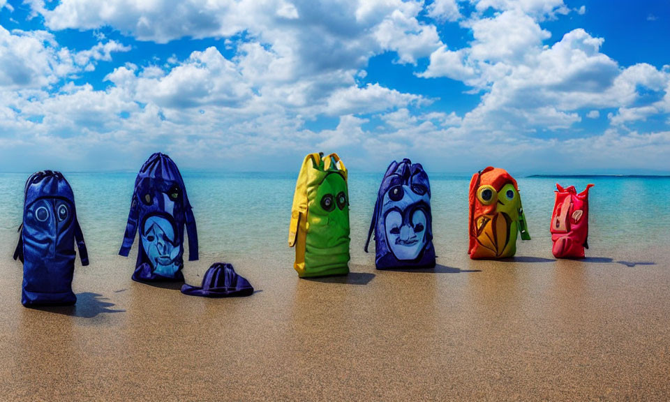 Vibrant Face Design Backpacks on Sandy Beach Skyline