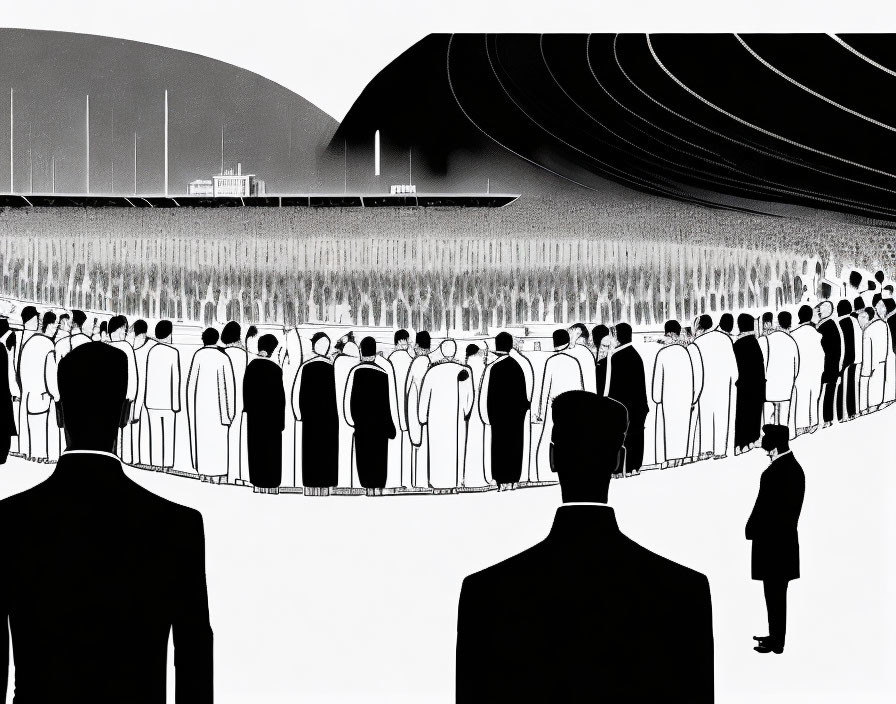 Crowded event illustration with formal spectators in monochrome.