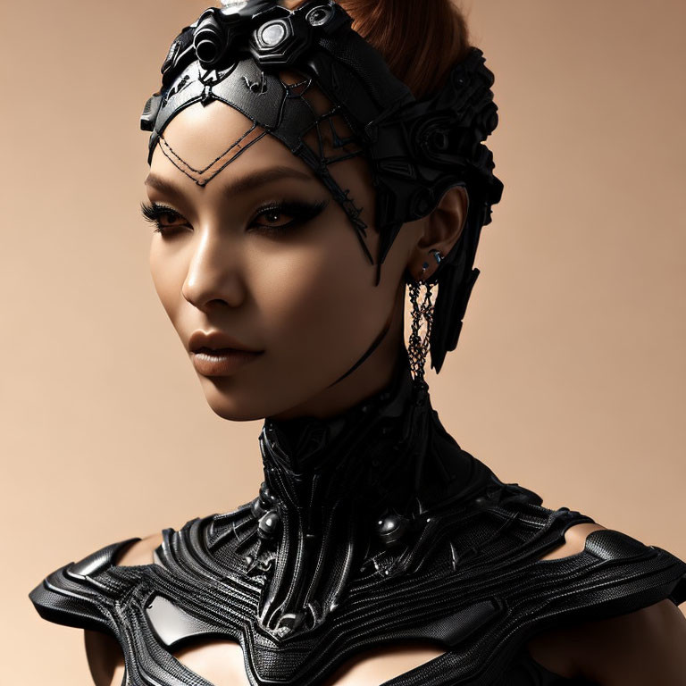 Elaborate Black Headpiece and Neck Armor on Person in Futuristic Setting