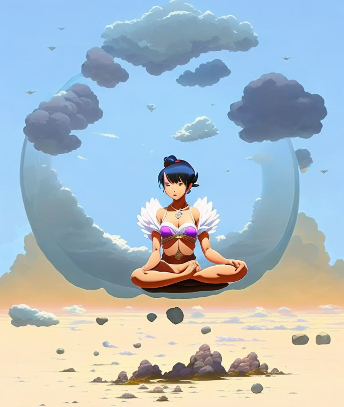 Illustration of winged female meditating on floating rock under blue sky