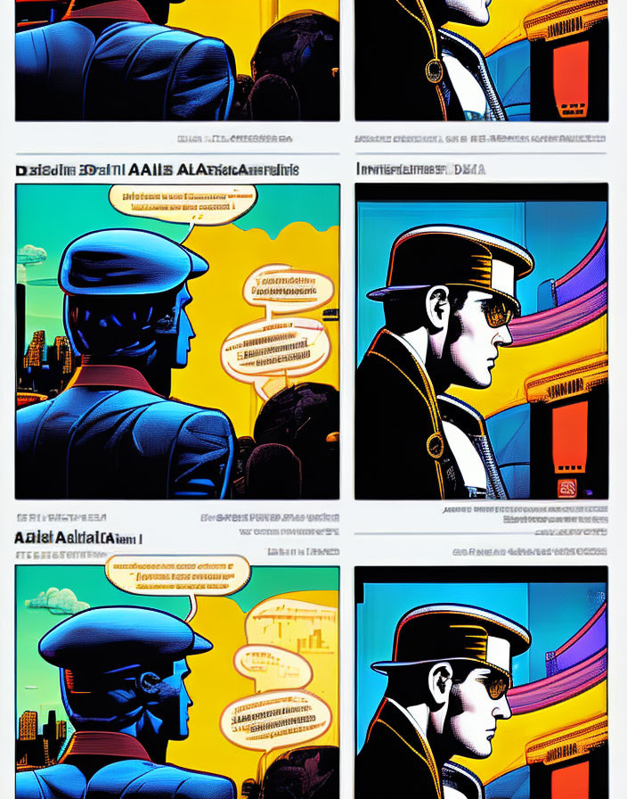 Colorful Comic Strip: Male Character in Futuristic Cityscape with Foreign Text Bubbles