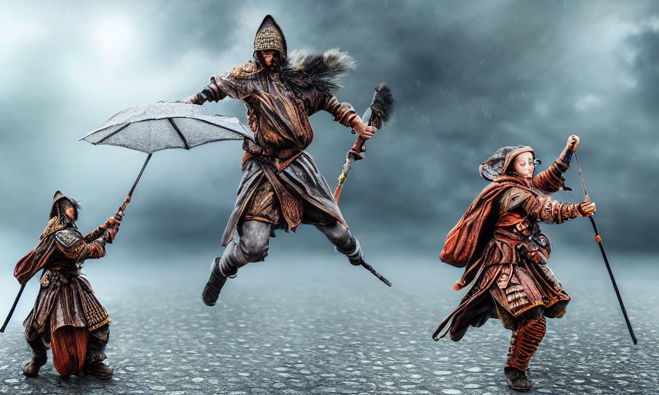 Three individuals in medieval attire on cobblestone, under dramatic cloudy sky.