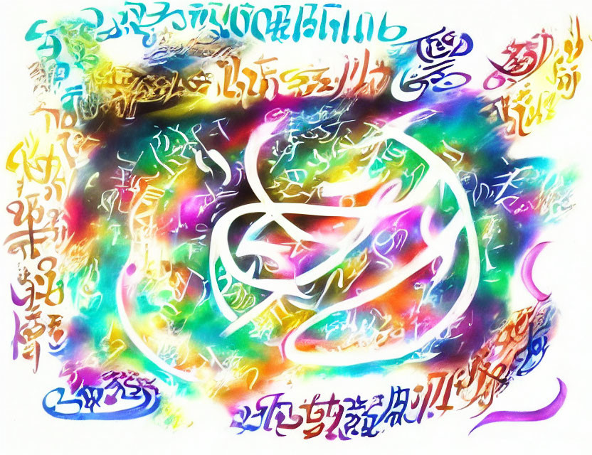 Colorful Abstract Calligraphy Artwork with Swirling Scripts on Multicolored Background