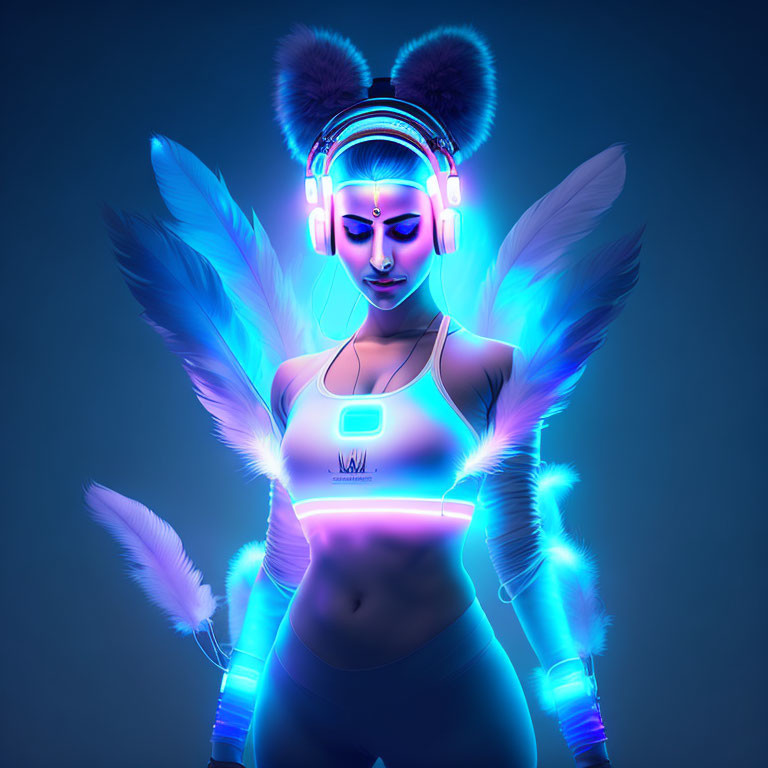 Futuristic female character with glowing wings and neon blue accents