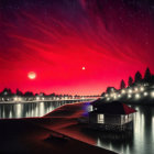 Surreal digital artwork: Red sky over submerged neighborhood