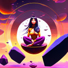 Woman meditating with floating orbs and stones in vibrant purple and orange palette