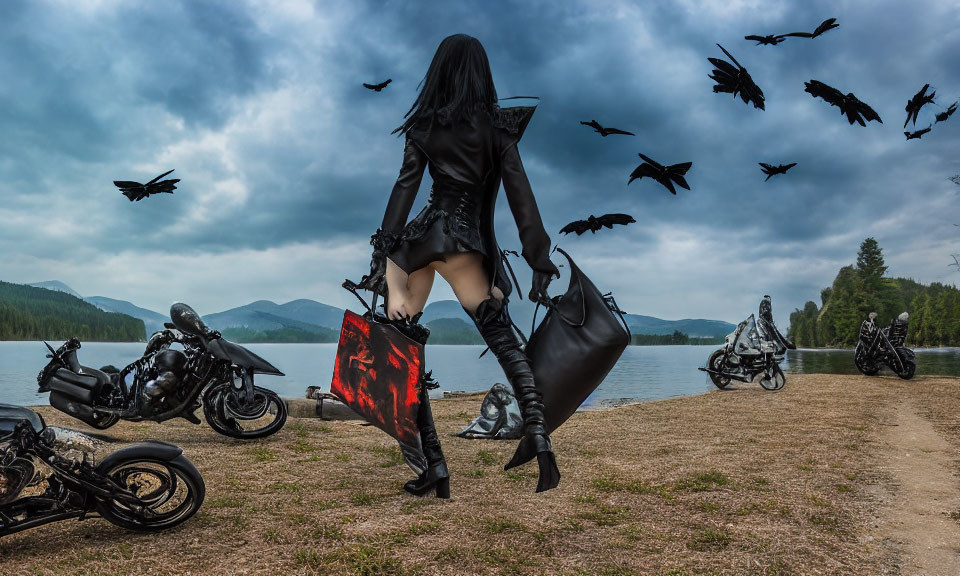 Person in Black Outfit Walking Between Motorcycles by Lake with Flying Crows