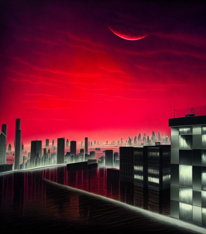 Red-Toned Night Cityscape with Crescent Moon and Skyscraper Silhouettes