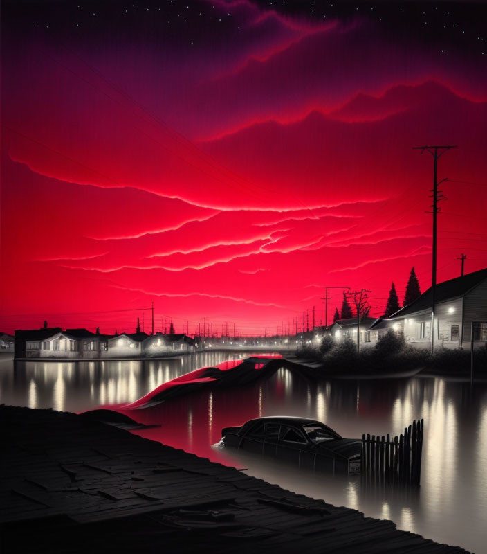 Surreal digital artwork: Red sky over submerged neighborhood