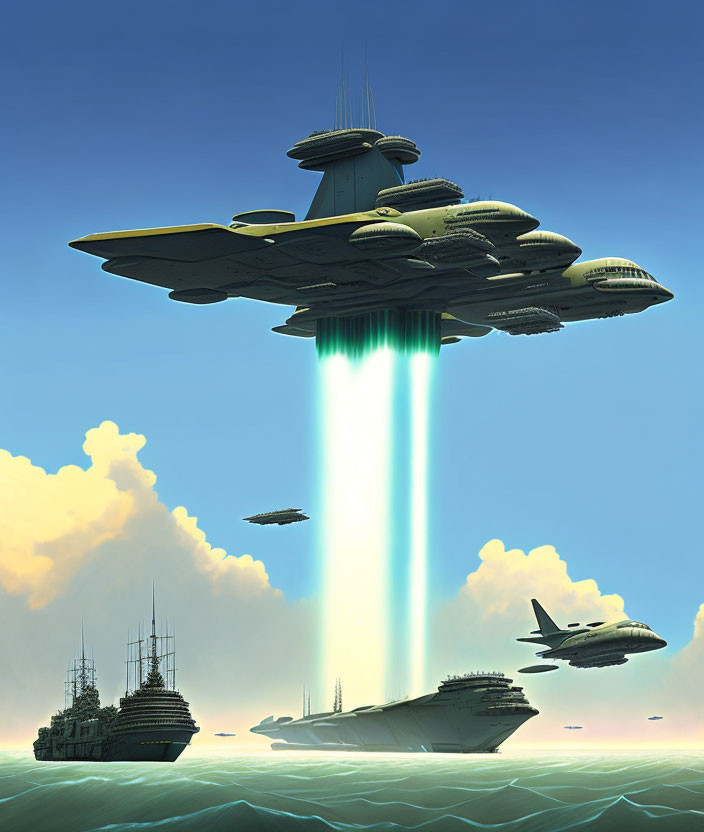 Massive Spaceship Emitting Light Above Ocean with Flying Crafts and Ships Below