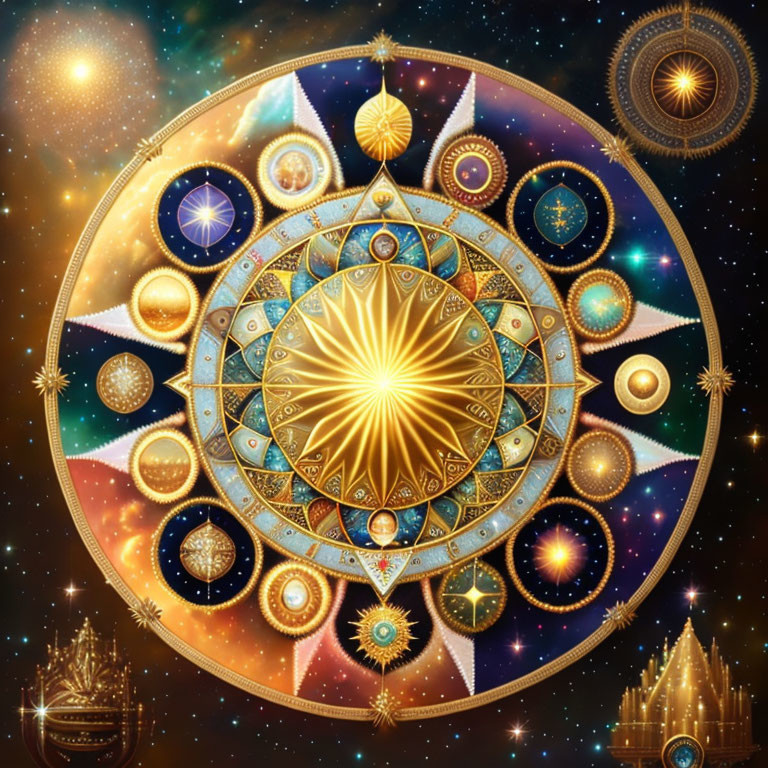 Intricate Golden Cosmic Mandala with Celestial Bodies and Mythical Structures