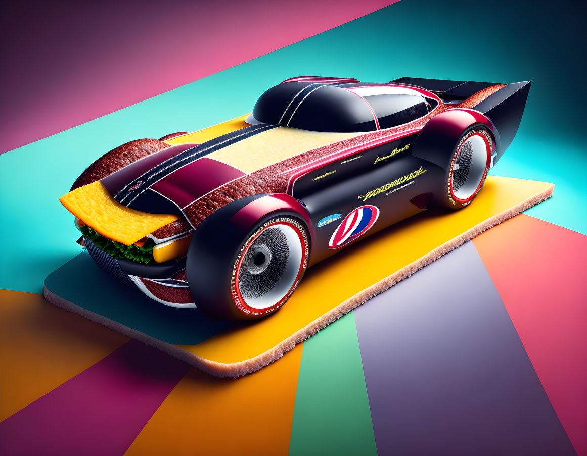 Colorful Stylized Car with Hamburger Elements on Rainbow Background