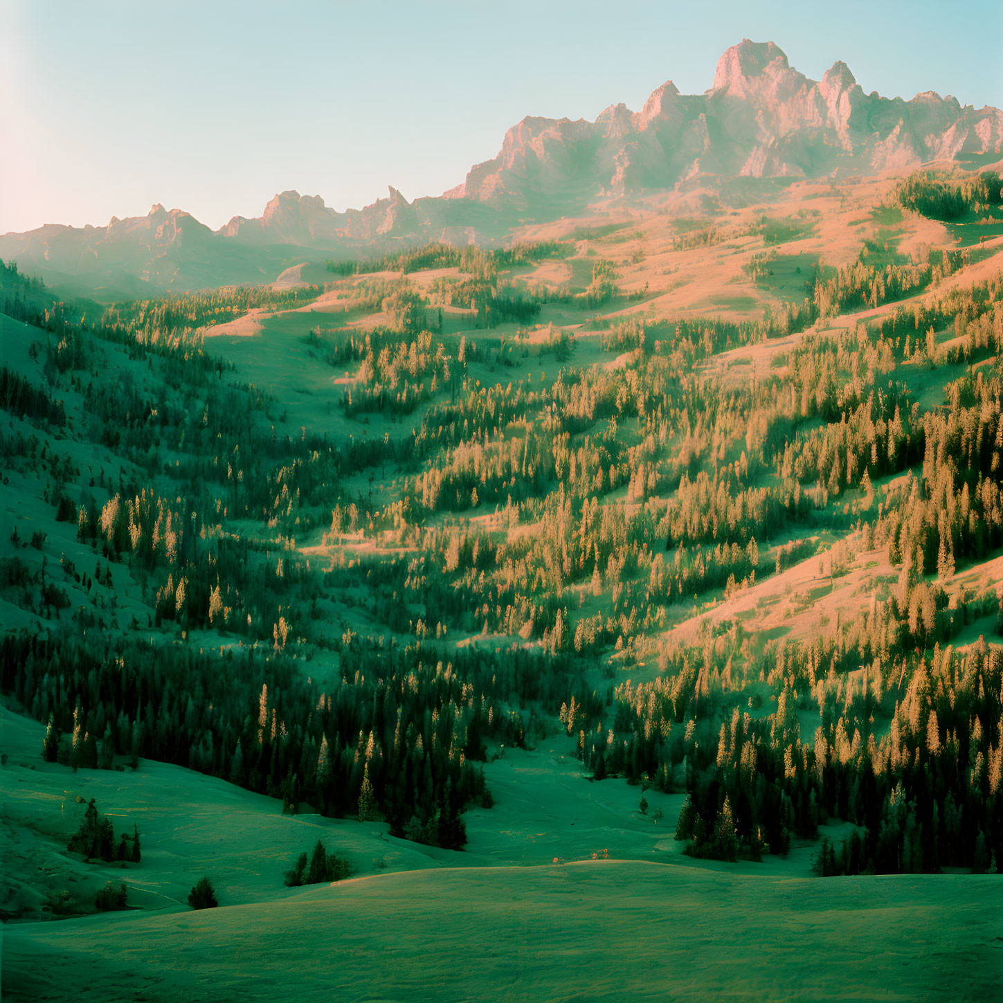 Scenic landscape of verdant hills, scattered trees, and rugged mountains