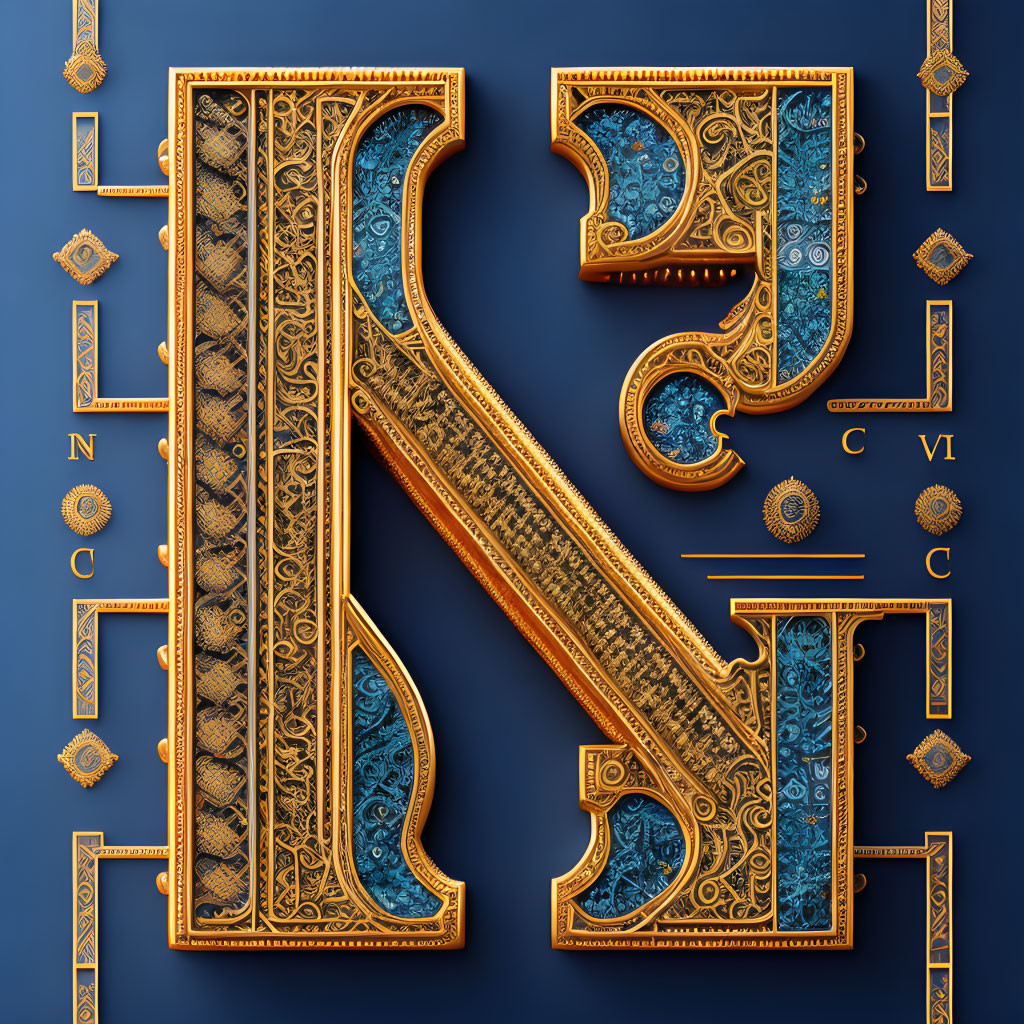 Intricate 3D letter "K" with gold and turquoise details on blue background