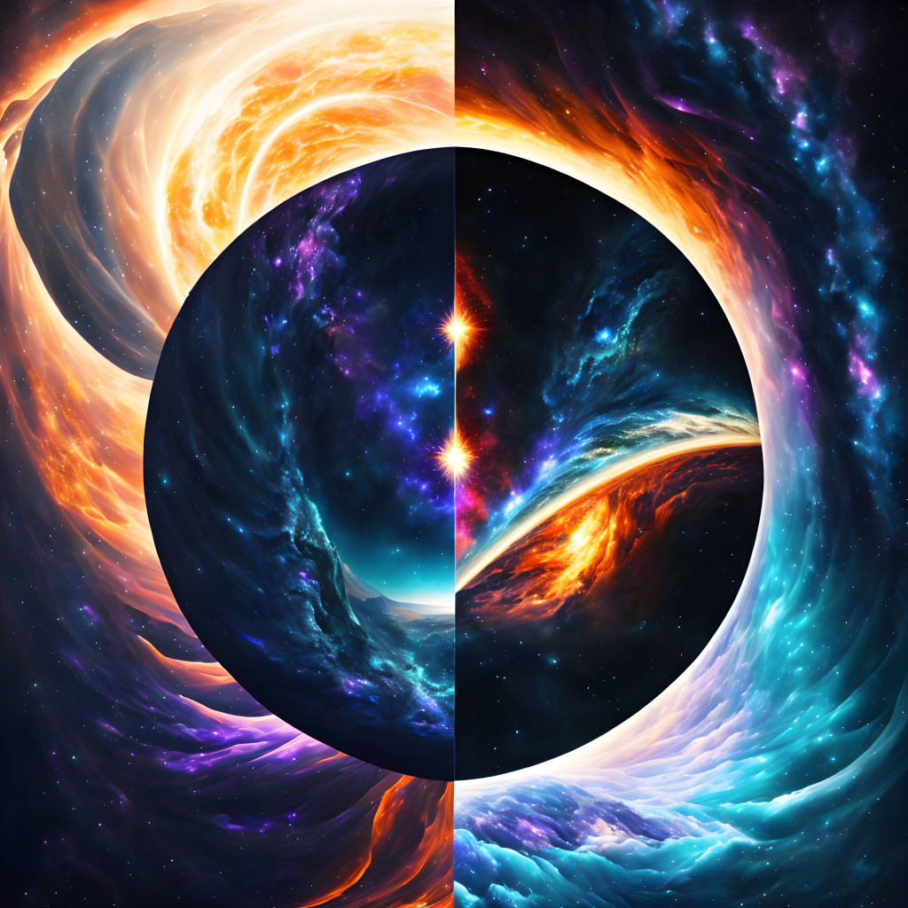 Circular Cosmic Artwork: Fiery Orange and Cool Blue Tones