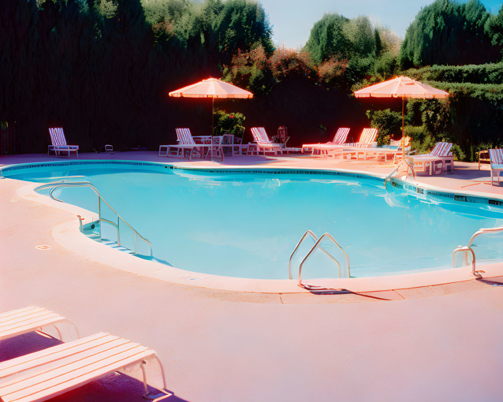 Tranquil outdoor pool area with orange umbrellas and lush greenery