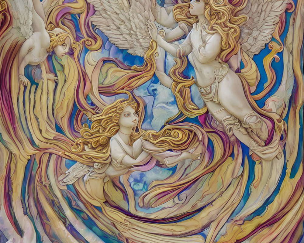 Three Angelic Figures with Elaborate Wings in Colorful Artwork