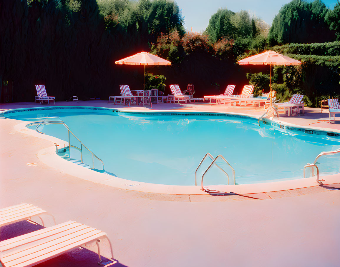 Tranquil outdoor pool area with orange umbrellas and lush greenery