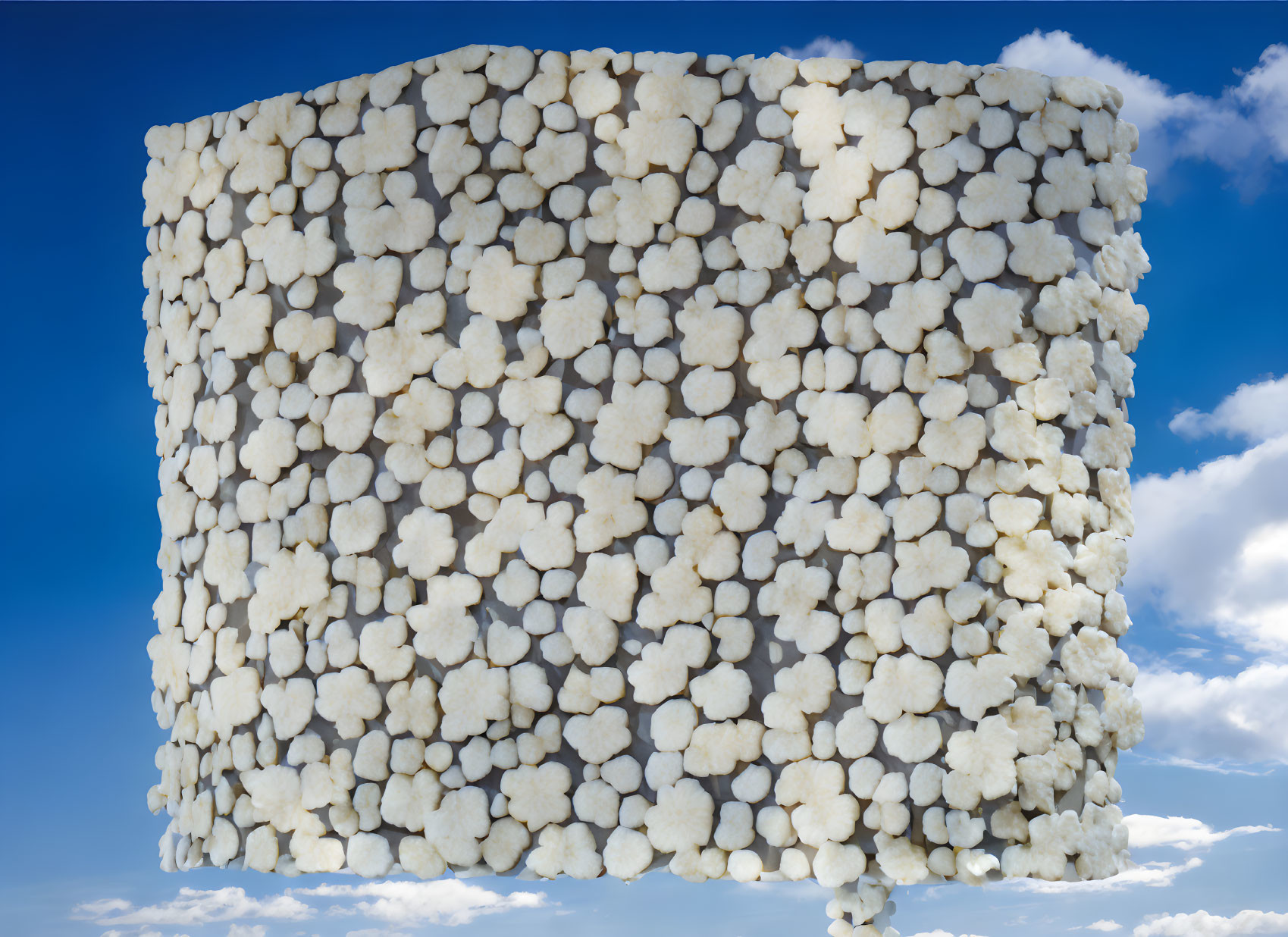 Surreal cube of popcorn against blue sky