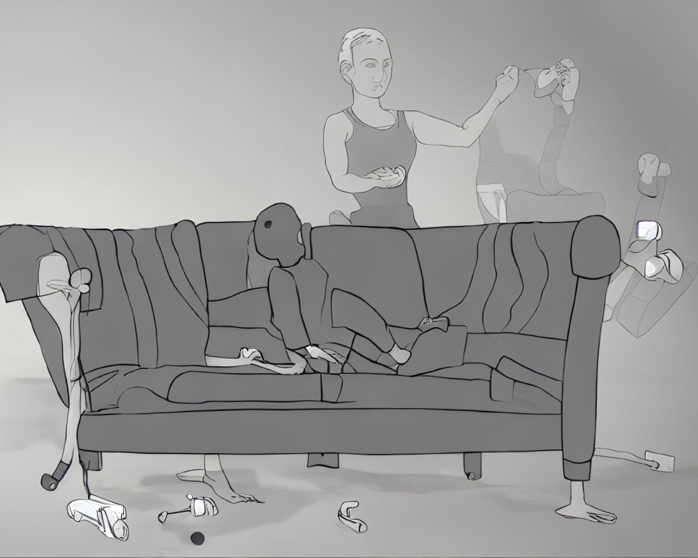 Monochrome illustration of person on couch with VR headset