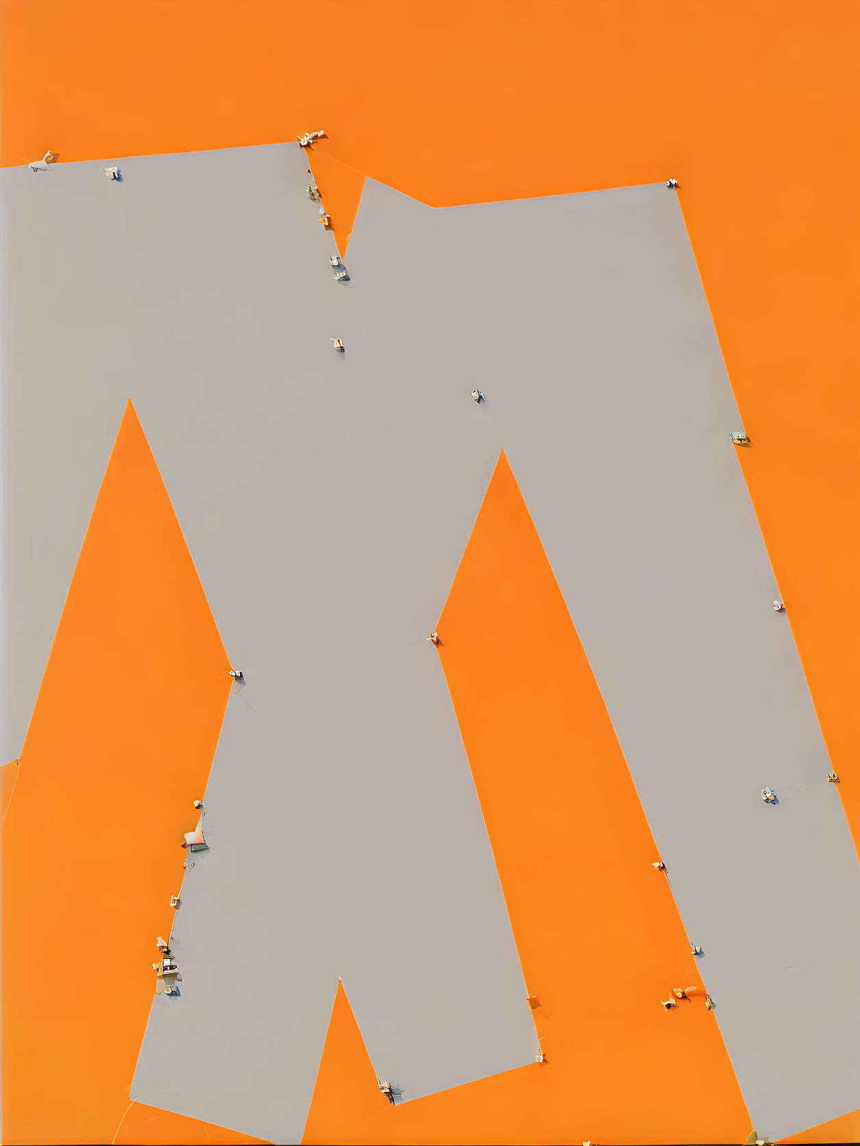 Orange backdrop with grey geometric letter "M" and tiny figures.