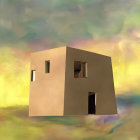 Geometric structure resembling a house in abstract painting.