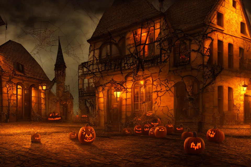 Haunted house with cobwebs, jack-o'-lanterns, and eerie orange glow