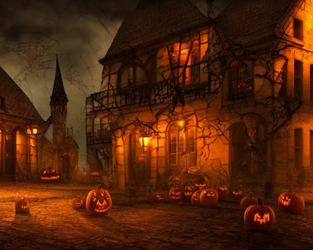 Haunted house with cobwebs, jack-o'-lanterns, and eerie orange glow