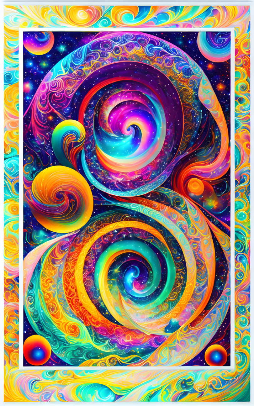 Colorful Psychedelic Artwork with Swirling Patterns and Cosmic Motifs