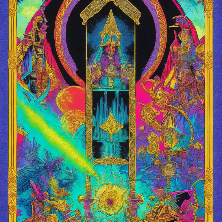 Colorful Psychedelic Artwork with Fantasy Characters and Throne