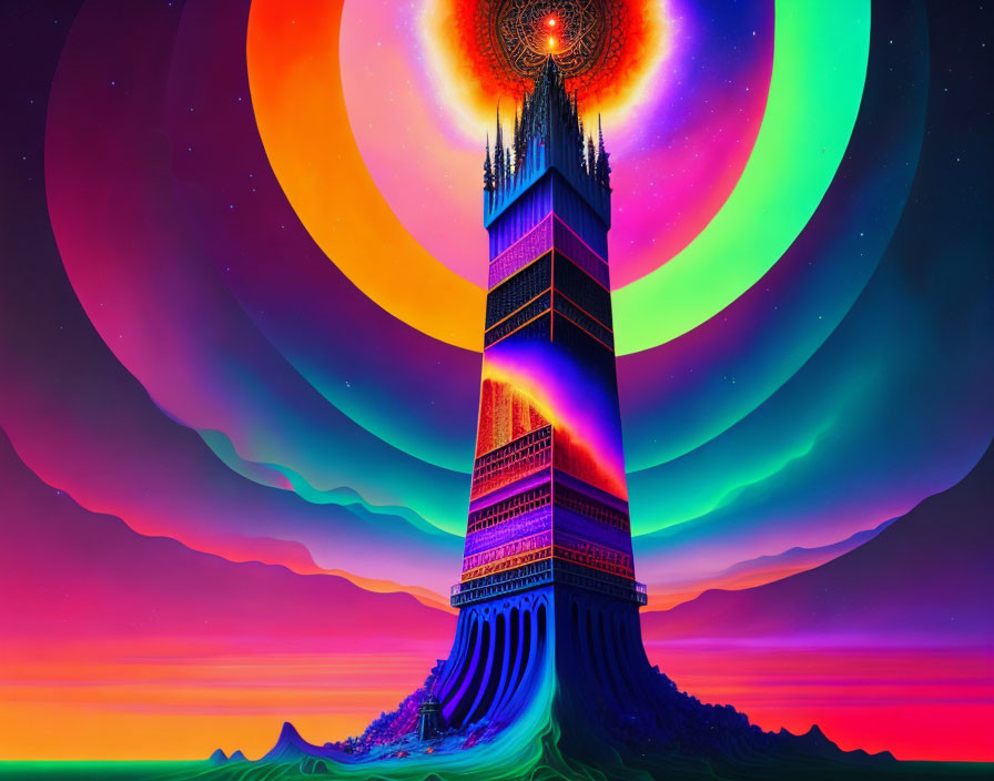 Colorful digital artwork: intricate patterns on towering structure with celestial rings and starry sky.