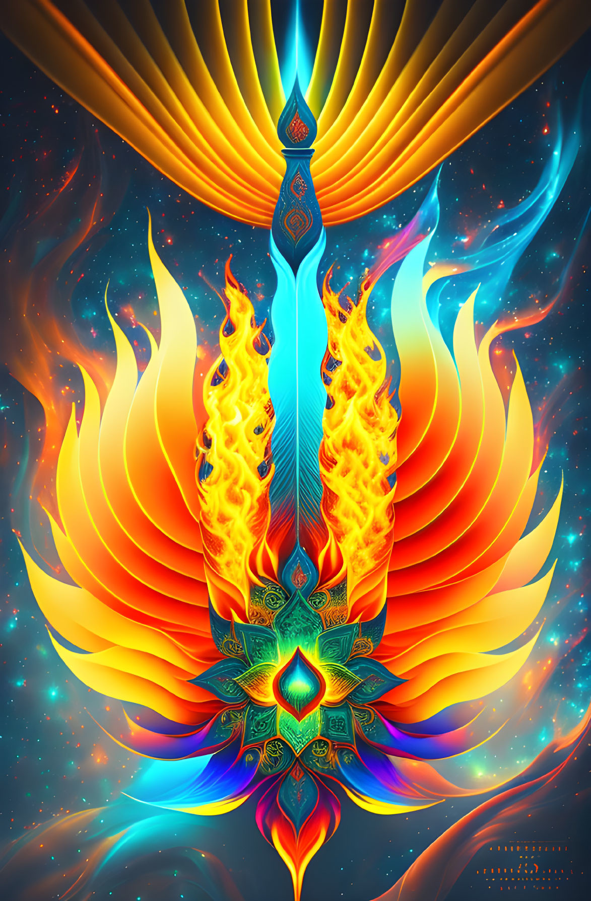 Symmetrical flame-like digital artwork in blue, green, orange, and yellow.